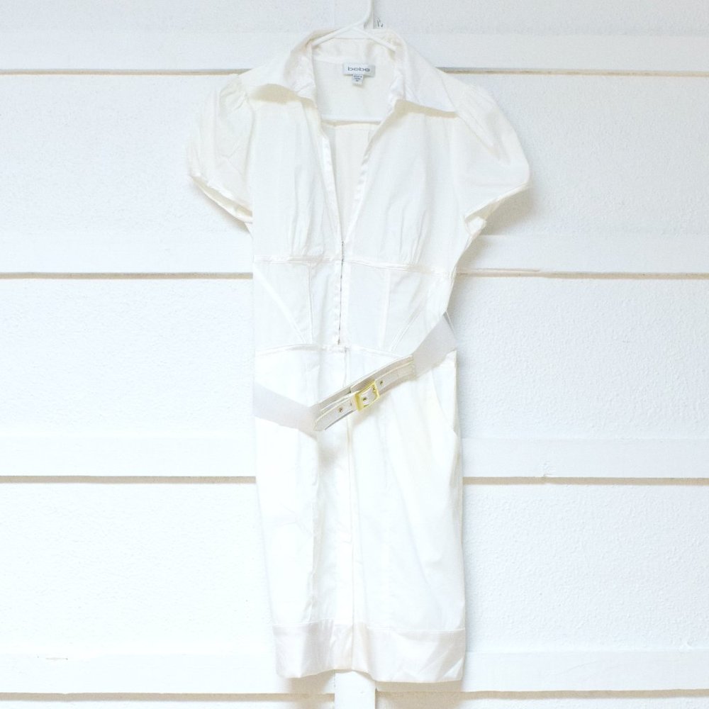 BEBE White Short Sleeve Belted Corset Shirt Dress | Size M